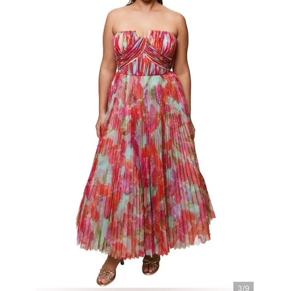 Hutch Corene Strapless Floral Pleated Tulle Midi Dress Size 14W NWT